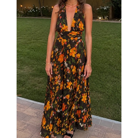 ASOS DESIGN Dresses & Skirts - ASOS DESIGN Floral Halter Maxi Dress Black Gold Metallic Shimmer Open Back US 6